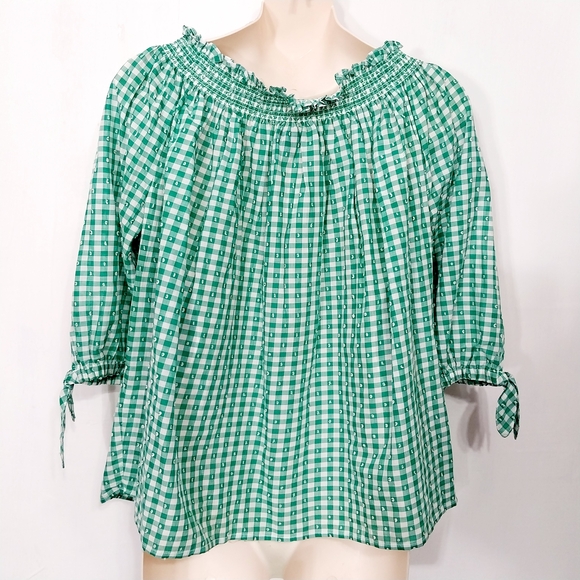 🔵BOGO FREE🔵 Izod Green Gingham Off-Shoulder Peasant Top Sz L - Picture 5 of 5